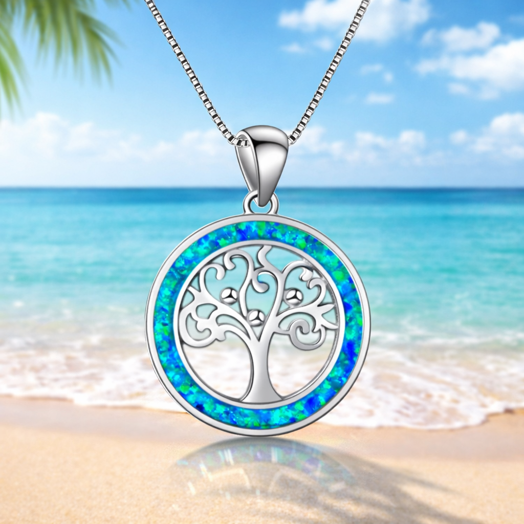 Collier Arbre de Vie en Argent & Opale Bleue – Harmonie et Énergie Positive