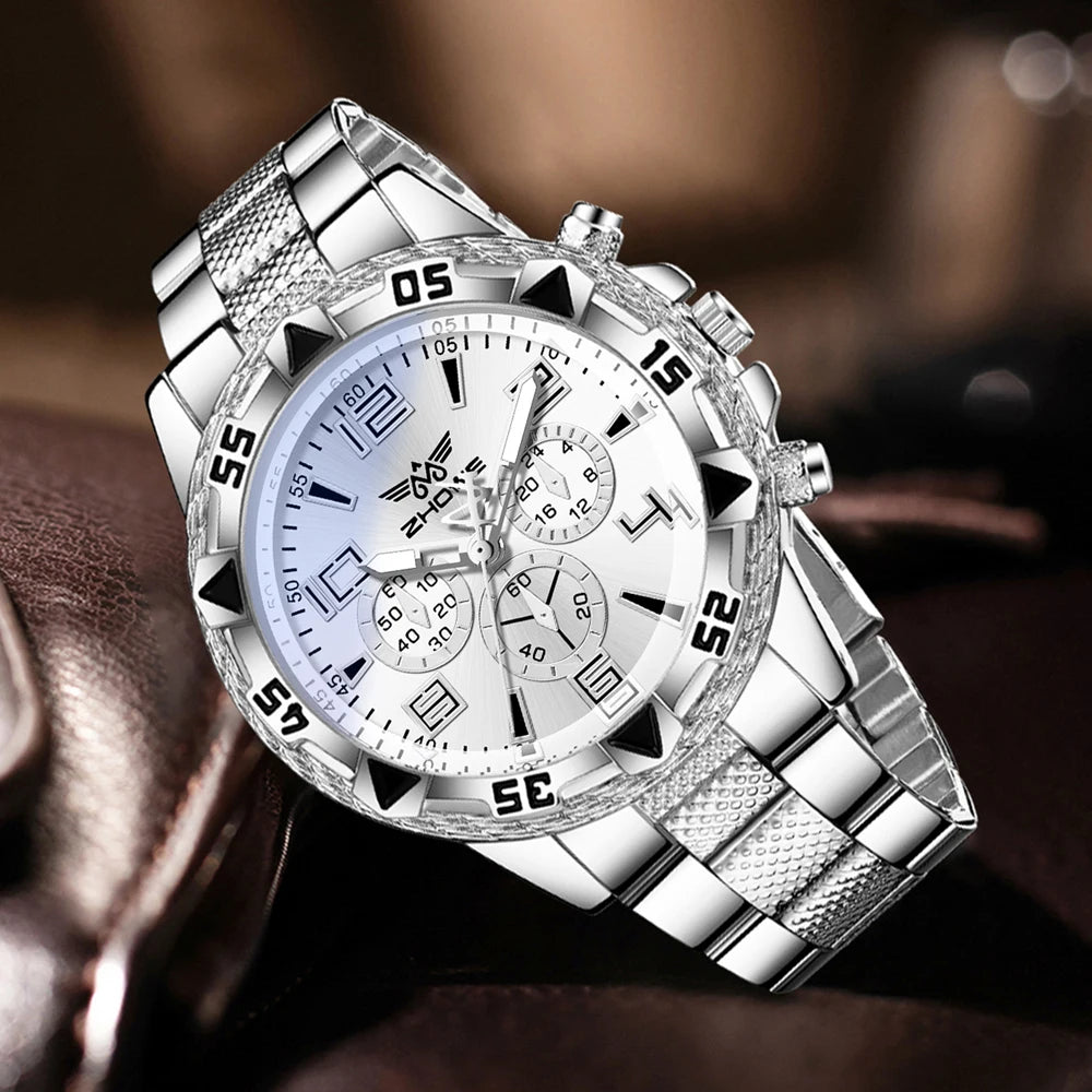 4PCS Argent Hommes Mode Casual Échelle Mixte Cadran Quartz