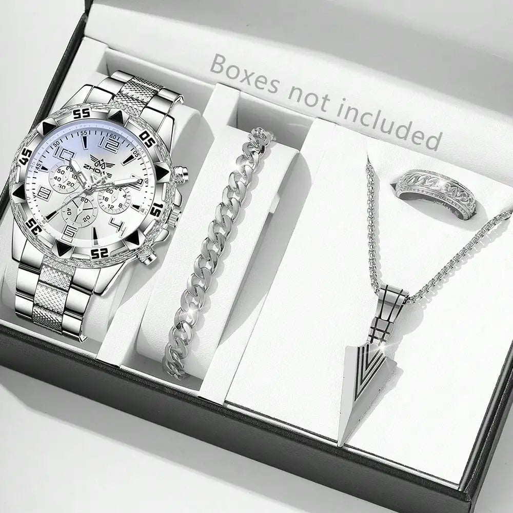 4PCS Argent Hommes Mode Casual Échelle Mixte Cadran Quartz
